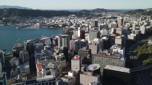 Aerial cityscape of Wellington with downtown buildings, urban landscape of New Zealand.