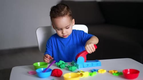Boy Plays with Colorful Plasticine at Table