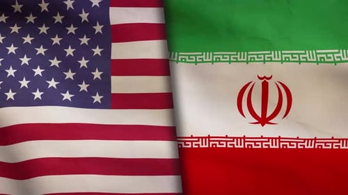 United States And Iran Flags Waving Split Screen