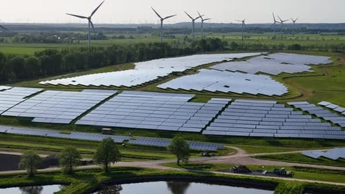 Environmentally friendly installation of photovoltaic power plant and wind turbine farm.