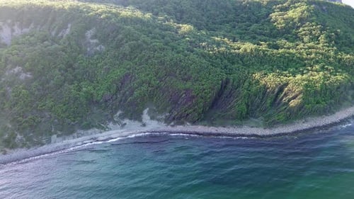 Beach Between a Ledge Covered with Vegetation and a Black Sea Under a Clear Blue Sky