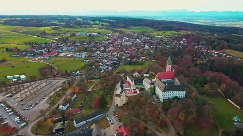Aerial view of Andechs Abbey and town, Germany.