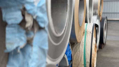 Steel coils are stocked in the real warehouse. An industrial storage warehouse.