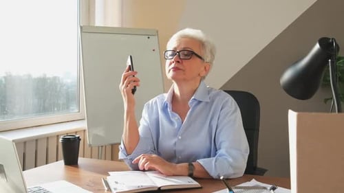 Woman with gray hair at desk talking on phone