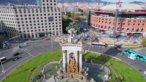 Aerial view of city traffic Plaza de Espana of Squares in Barcelona is one of most important squares