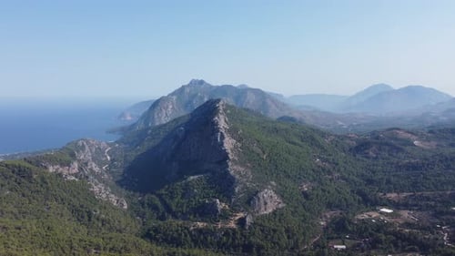 Aerial view of green pine forests and mountains