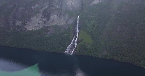Beautiful Drone Shot Above the Friar (Friaren Waterfall). Geiranger, Norway
