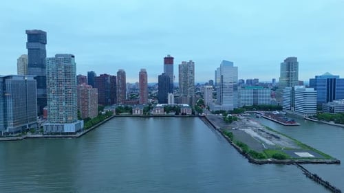 Aerial view of Jersey City, skyline on Hudson River, USA