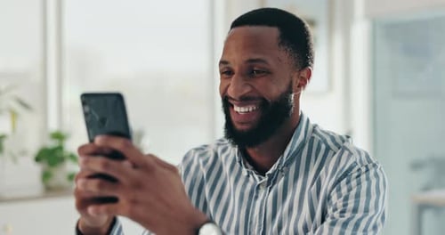 Office, happy and business black man with phone on break for communication, contact and networking