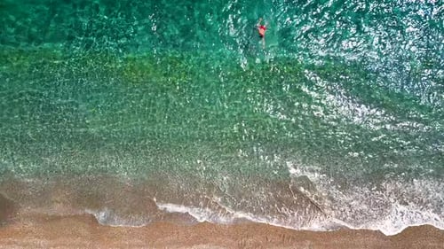 Man in Red Shorts Swims in the Clear Sea Top Down View