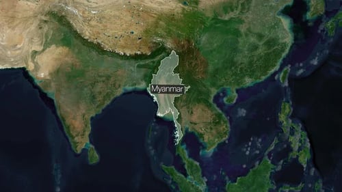 Animated World Map Zoom to Myanmar with Highlighted Borders