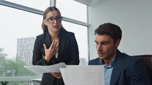 Confused Manager Talking Boss Explaining Mistakes. Angry Man Throwing Papers Examining Financial ...