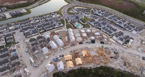 Wooden Houses Under Construction in New Developing Suburban Area Development of Residential Housing