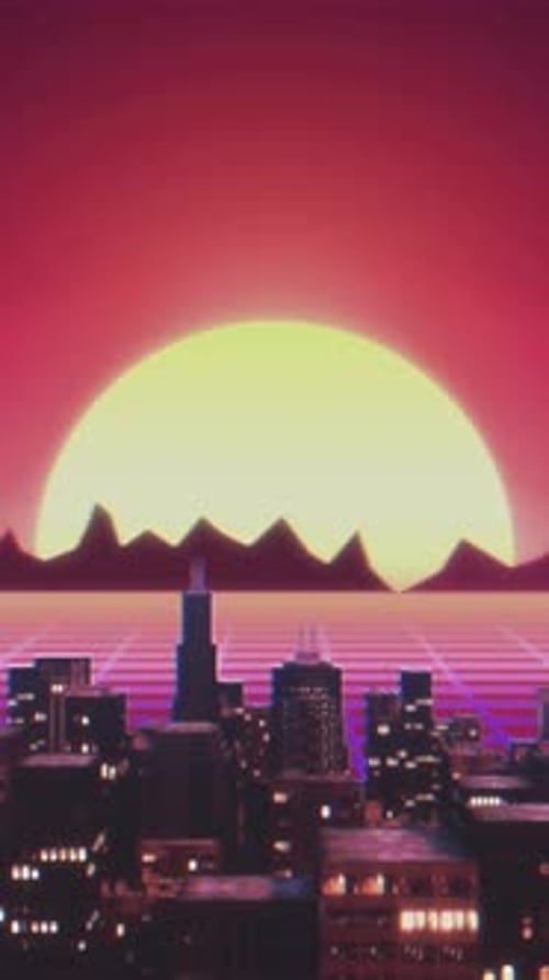 Retro futuristic sci-fi night city seamless loop background. VJ synthwave motion background