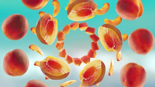 Flying Peach and Peaches Slices in Beach Tropical Summer Background