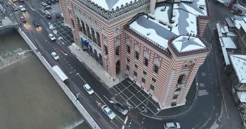 Sarajevo City Hall or National Library in Town Center Aerialhyper Lapse or Time Lapse