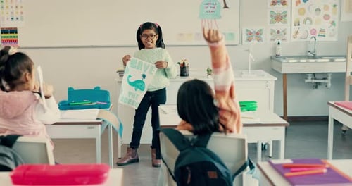 School, presentation and children with question in classroom for lesson, learning and show and tell