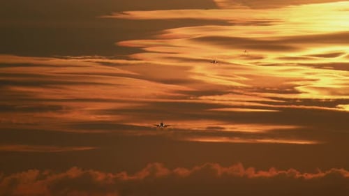 Line of Jet Airplanes Silhouette Approaching in Golden Sunset Prepare for Landing on Airport