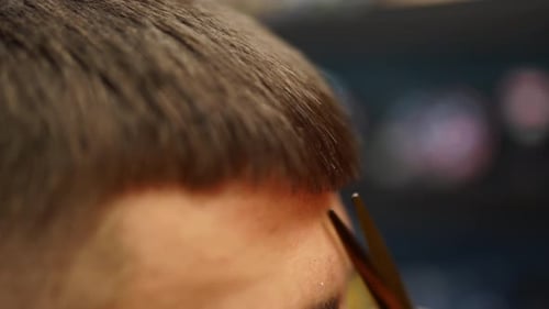 Barber Girl Cutting Man's Hair with Scissors and Comb Female Hair Cutter Working Serving Client