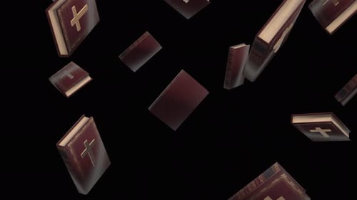 Bíblias caindo sobre o canal alfa. Chuva de bíblias na tela. Fundo de bíblias vermelhas
.