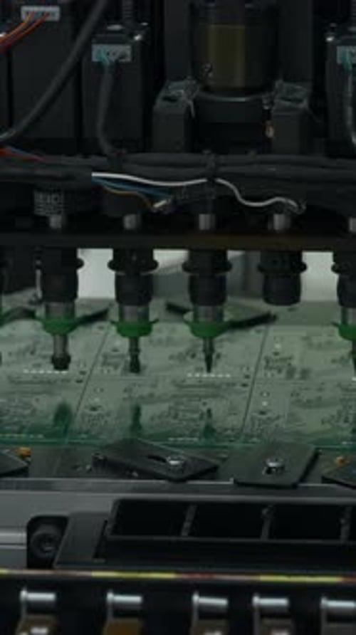 La máquina automática de recoger y colocar está instalando componentes en la placa de circuito Creative Electronic