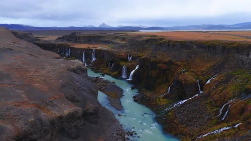 Aerial View of Sigoldugljufur Canyon with Glacial Blue River