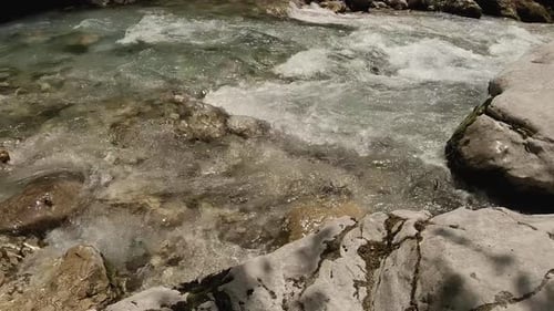 Steady shot of a fast river flowing in a natural park. Stones and sun reflection, with pebbles at th