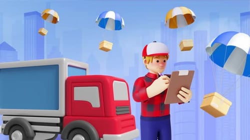 Delivery Service Animation: Courier, Truck, and Parachute Packages