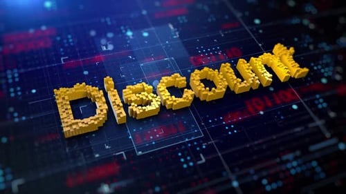 3D Voxel Discount Text on Futuristic Digital Grid Background