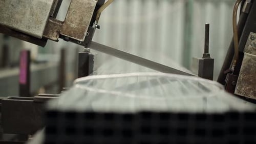 Die
Bandsäge schneidet die metallische Verstärkungskontur in der Metallschneiderei ab. Schnitte mit Bandsägen