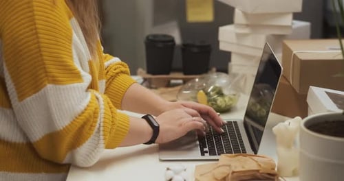 Side View of Unrecognizable Entrepreneur Female Working on Laptop in Home Office