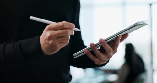 Hands, business and tablet in office meeting with website research, digital checklist