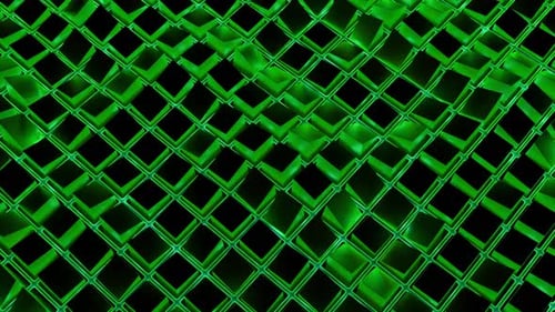 Square mesh with waves and glitter. Action. Grid of squares moves in waves on black background.