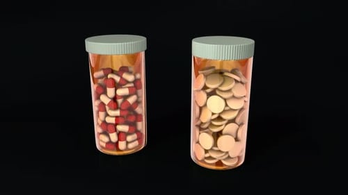 Two plastic bottles filled with medication