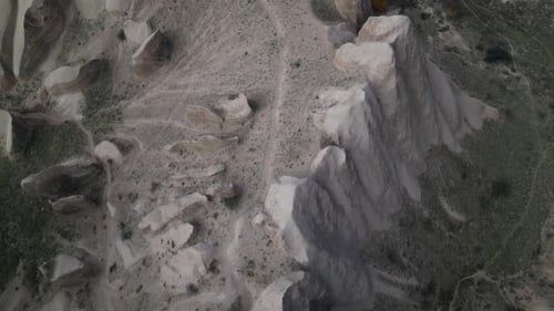Aerial Topdown Of Volcanic Rock Formations In Goreme, Cappadocia, Turkey.
