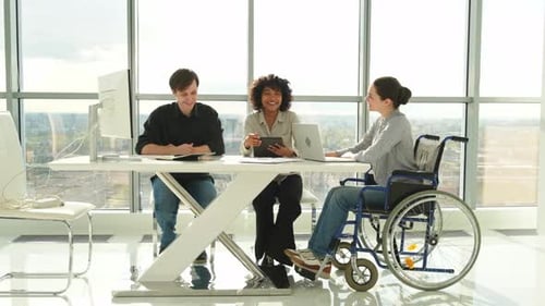 Teamwork Brainstorm Diverse Multiracial Colleagues Woman in Chair for People with Disability Working