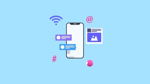 Social-Media-Marketing- und Management-Animation mit Online-Interaktionssymbolen.