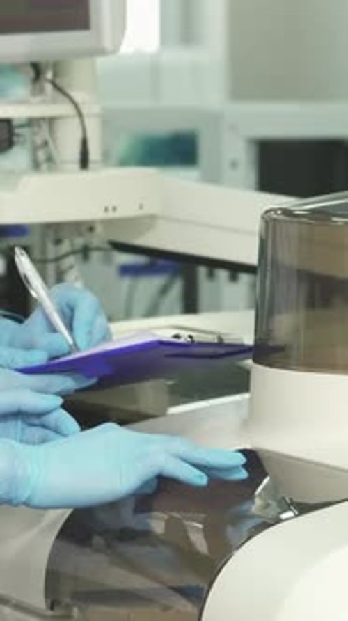 Person Working in Lab Wearing Blue Gloves