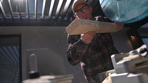 Craftsman Inspecting Wood Plank in Workshop