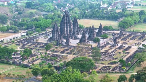 Drone Shot of Prambanan Temple located in Klaten, Central Java, Indonesia