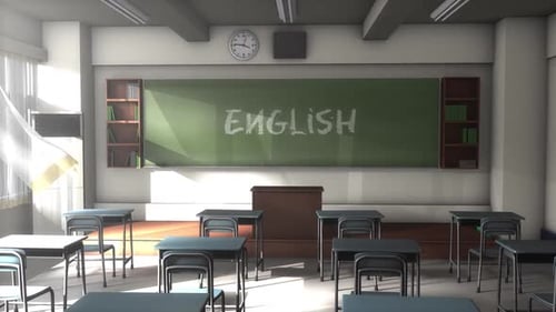 Bright English Classroom with Chalkboard