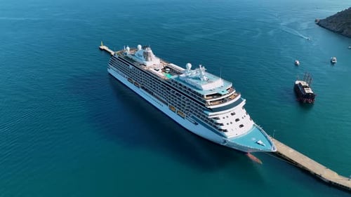 A White Luxury Cruise Liner Stay in Port Aerial View 4 K Turkey Alanya