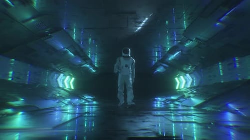 Sci Fi Backdrop Of Astronaut And Endless Neon Glowing Tunnel