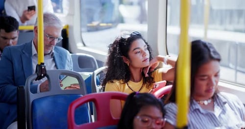 Travel, thinking and woman in bus, commuting and journey to university in morning