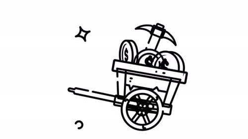 Minimalist Animated Line Art Mine Cart with Coins and Pickaxe