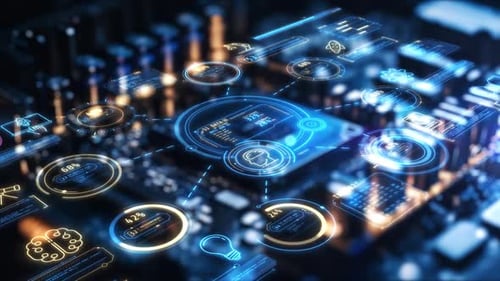 Animated HUD Interface: Digital Data Flow on Circuit Board