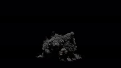 Large explosion with smoke, high angle view, on transparent background