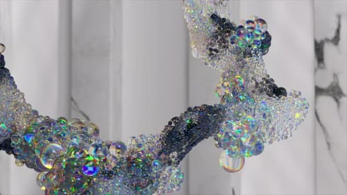Abstrakte künstlerische Videoanimation mit 3D-Bewegung von zerstreuten Bällen, basierend auf der Verwendung von kleinen Bällen