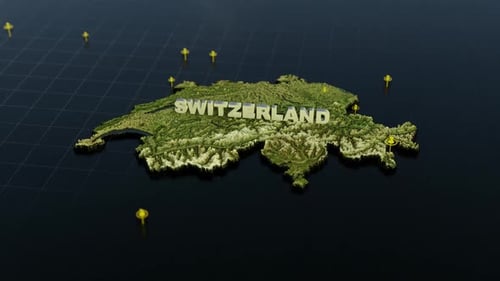 Animated 3D Map of Switzerland with Topographical Details and Location Pins