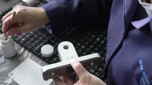 Ouvrier d'usine inspectant le support de lunette de visée en métal peint en blanc avec trous de montage lors de l'assemblage